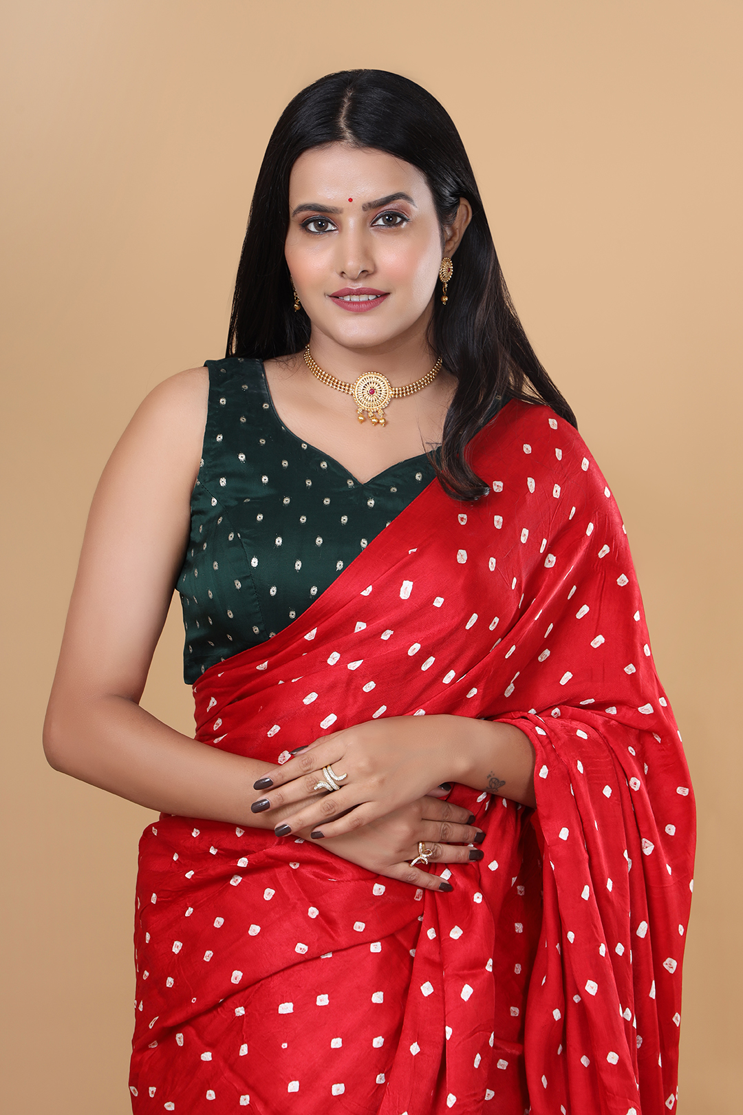 V Glame Solid Red Gajji Bandhej Saree with Full Bandhej Zari Pallu